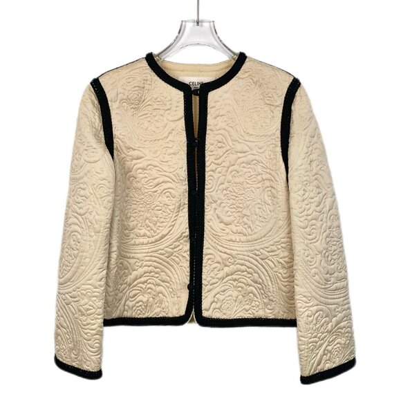 Celine Khaki Quilted Silk Satin Jacket With Black Trim Size XS 36 New With Tags - Picture 1 of 8